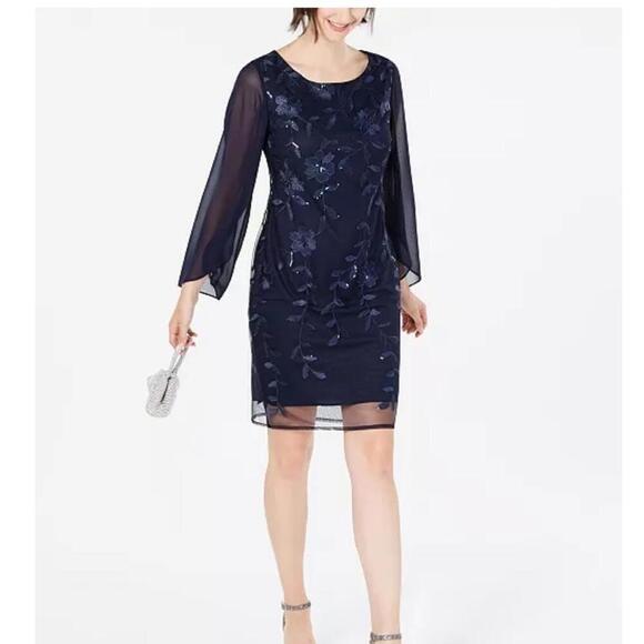 CONNECTED APPAREL Womens Navy Sequined Floral Long Sleeve Scoop Neck Dress - Picture 1 of 10
